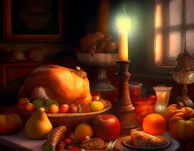 A pretty piece of art that depicts a turkey, fruit and veggies, and a candle