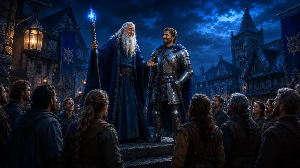 A wizard telling a story to the Battle Plan knight and the townsfolk.